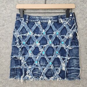 COMME USA Denim Mini Skirt Women's Blue Size M Distressed Frayed Lattice Beaded